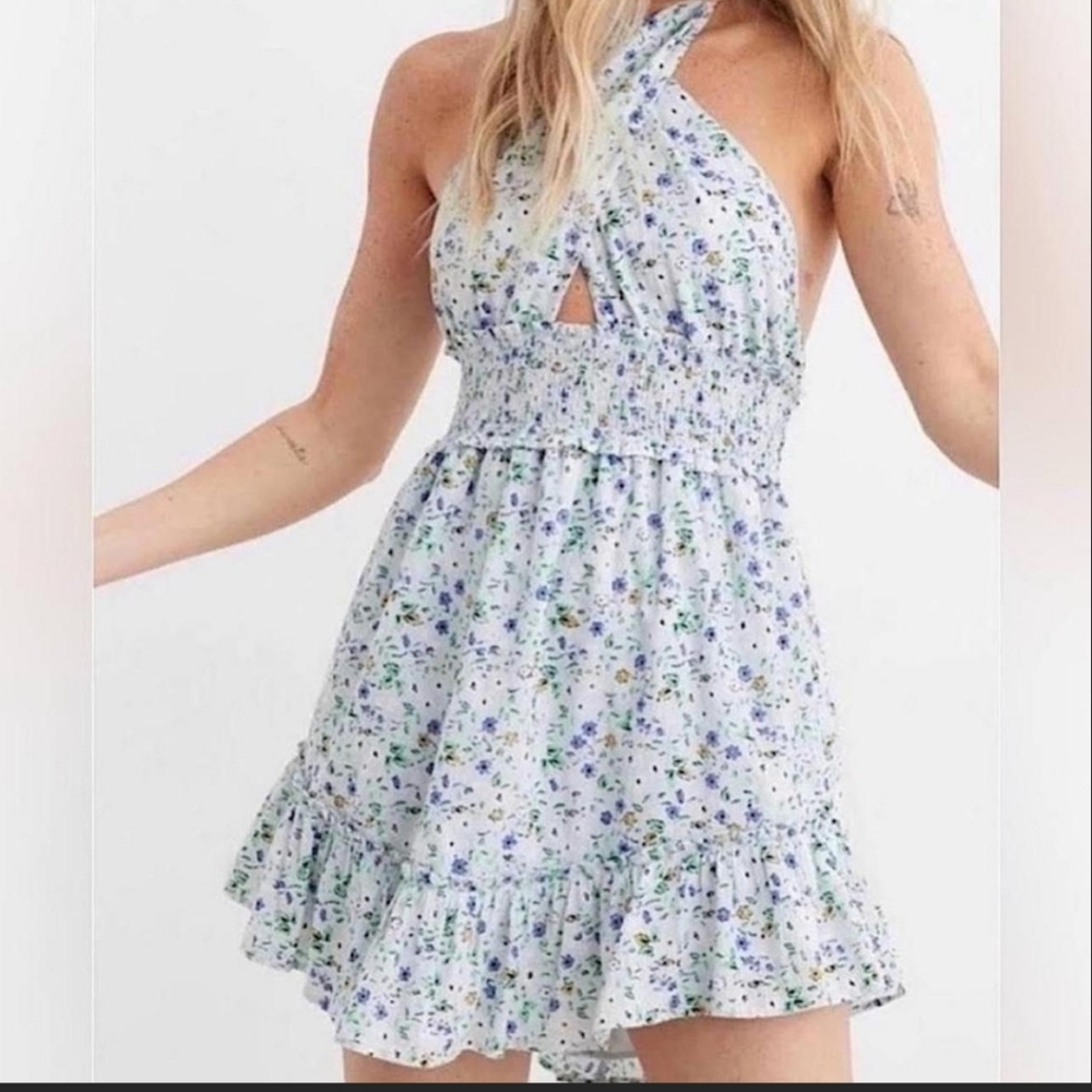 S Aerie‎ Ditsy Floral Print Smocked Halter Mini Dress